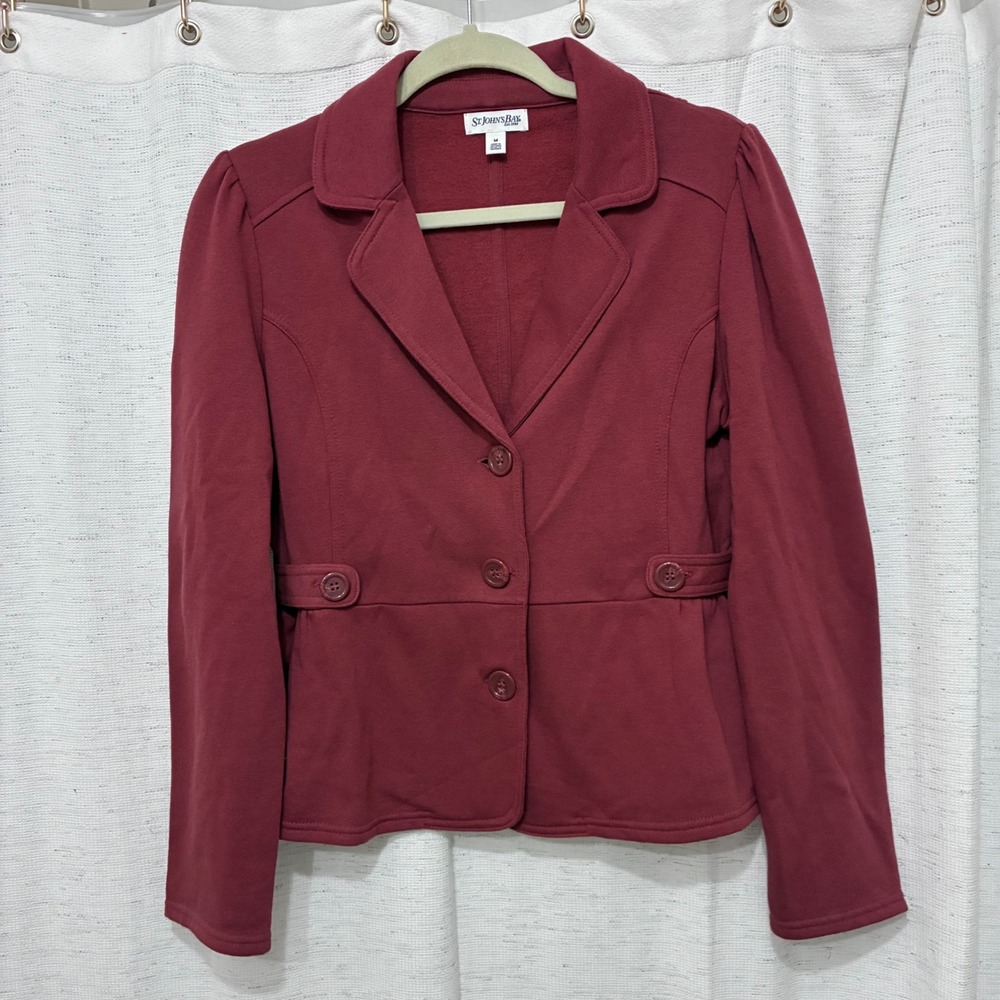 St. Johns Bay Womens Burgundy Knit Fleece Blazer Jacket Size M Burnt Red